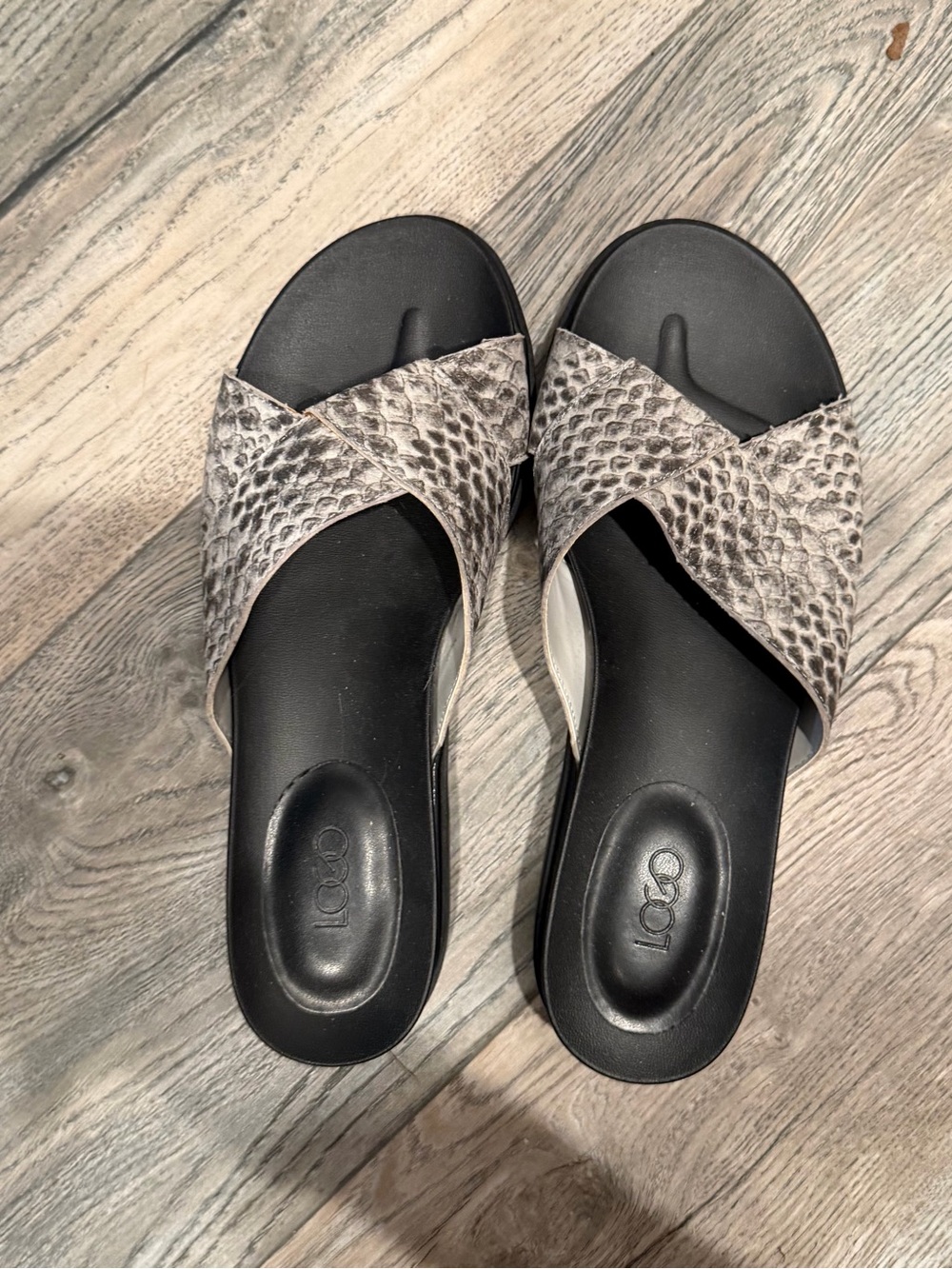 Aldo Black Slide Sandals with Gray Snake-Print Crisscross Straps